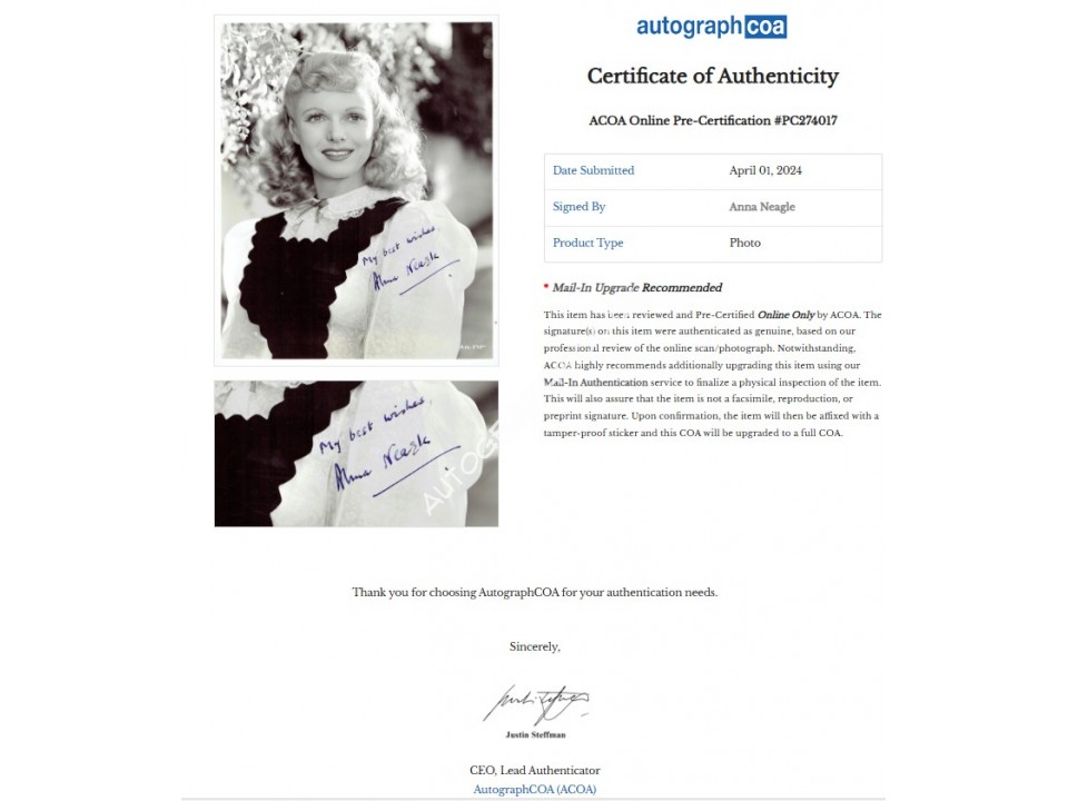 Anna Neagle Signed Photograph. COA UACC