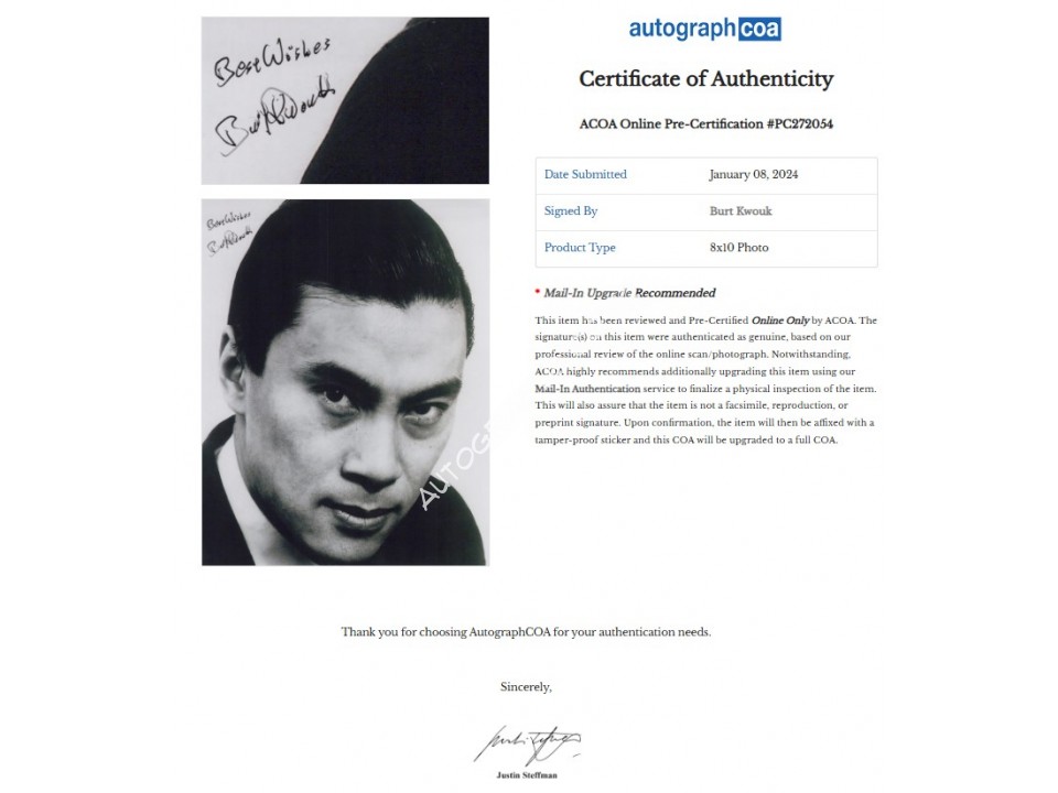Burt Kwouk Signed Photograph. COA UACC