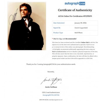 David Copperfeld Signed Photograph. COA UACC