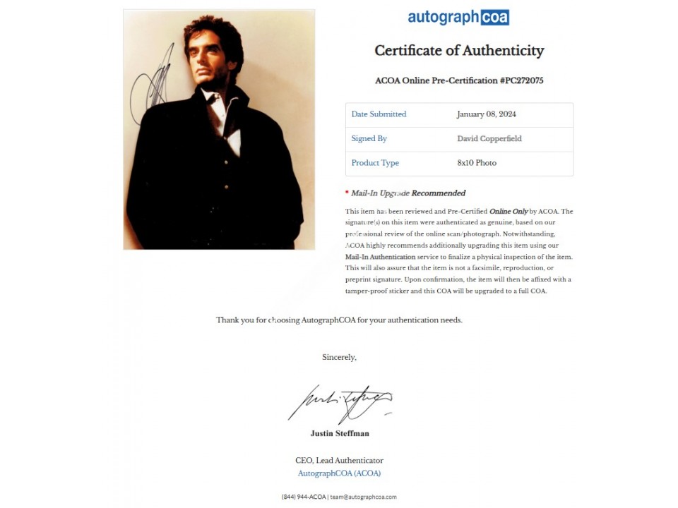 David Copperfeld Signed Photograph. COA UACC