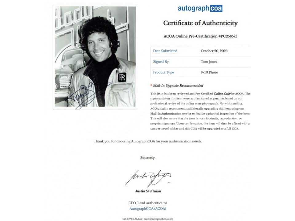 Tom Jones Signed Photograph. COA UACC