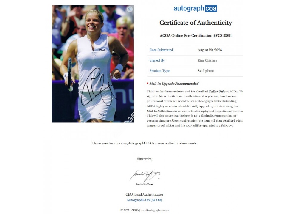 Kim Clijsters Signed Photograph. COA UACC Kim Clijsters Signed Photograph. COA UACC