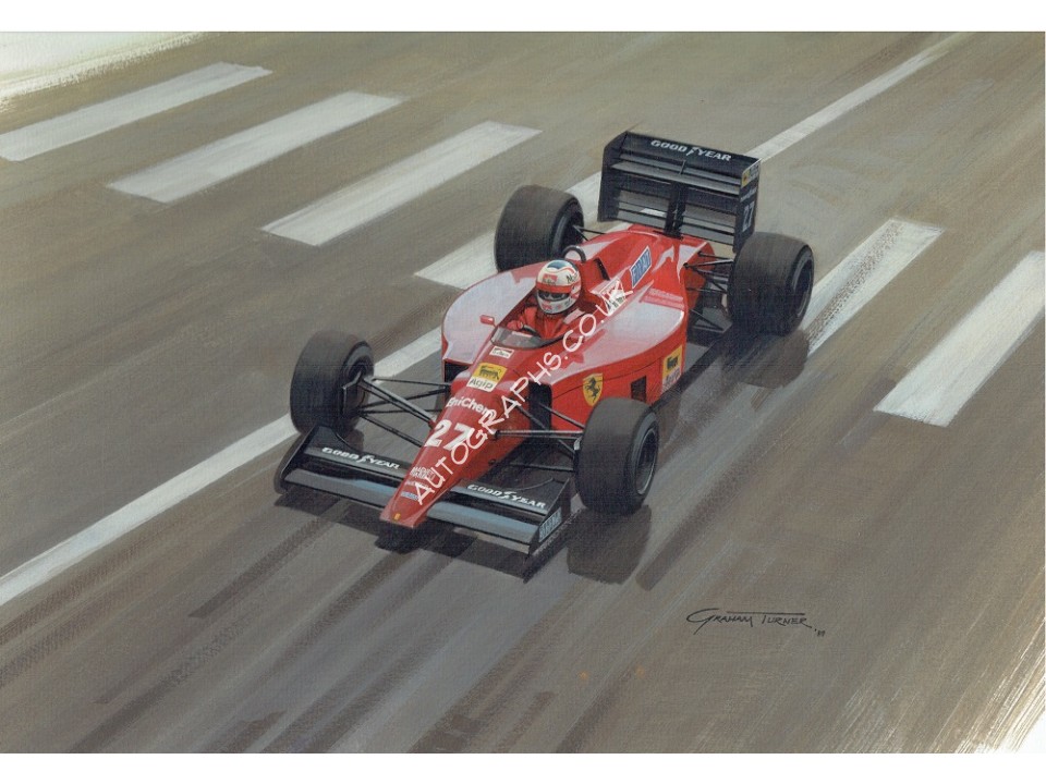 Nigel Mansell Ferrari Original Graham Turner Painting with Mansell Signature Card. COA UACC Nigel Mansell Ferrari Original Graham Turner Painting with Mansell Signature Card. COA UACC