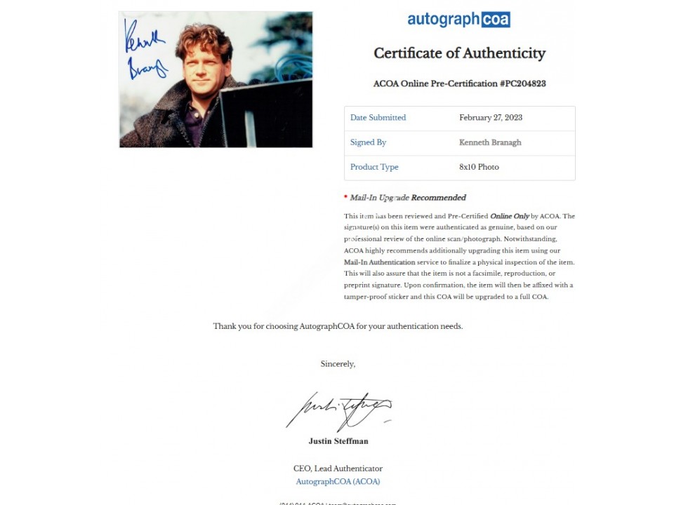 Kenneth Branagh Signed Photograph. COA UACC
