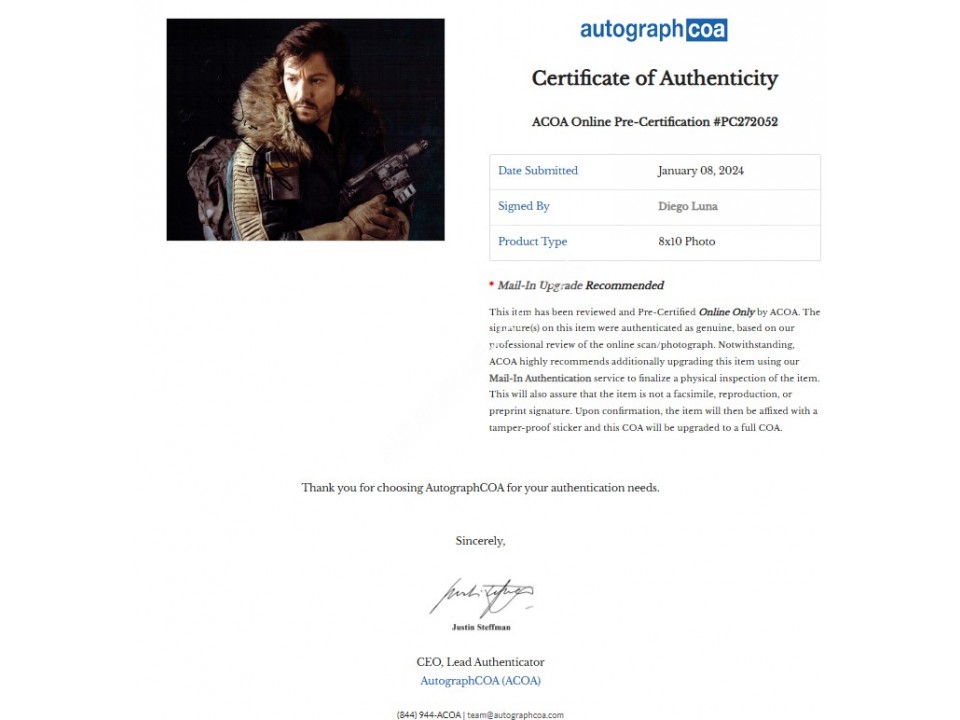 Diego Luna Signed Photograph. COA UACC Diego Luna Signed Photograph. COA UACC