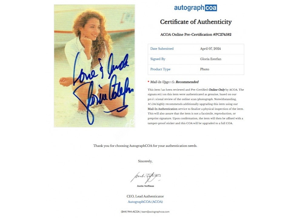 Gloria Estefan Signed Postcard. COA UACC