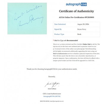 Bryan Ferry Ink Signature Page. COA UACC