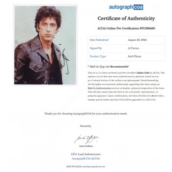 Al Pacino Signed Photograph. Pre-Certified ACOA