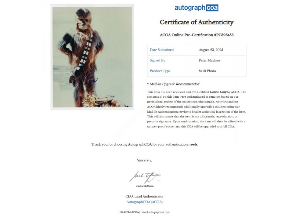Peter Mayhew Signed Photograph. Pre Certified ACOA