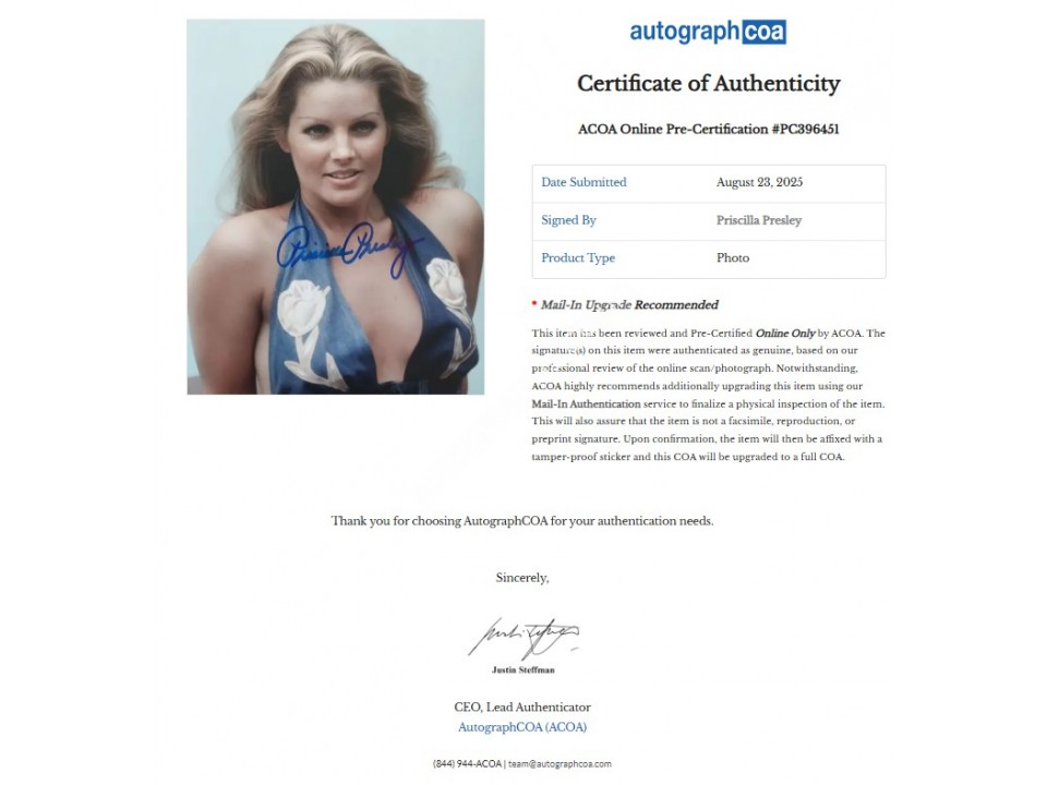 Priscilla Presley Signed Photograph. Pre Certified ACOA