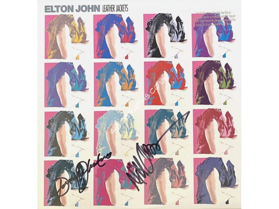 Nigel Olsson & Davey Johnstone Signed Elton John Leather Jacket Album Sleeve. COA UACC