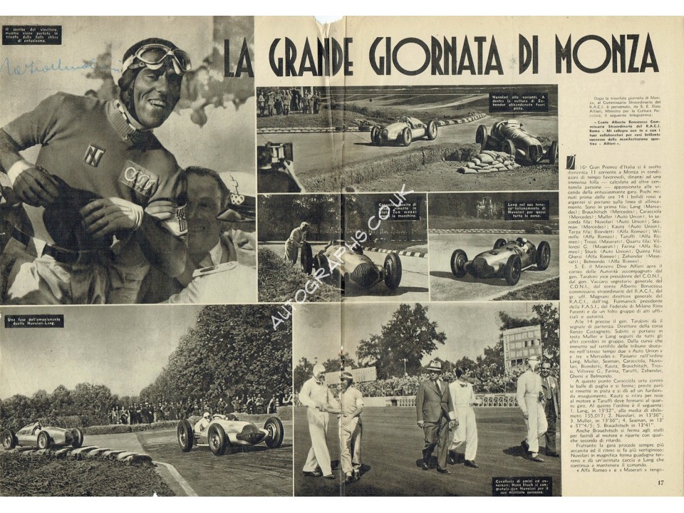 Tazio Nuvolari Signed Vintage Magazine Page