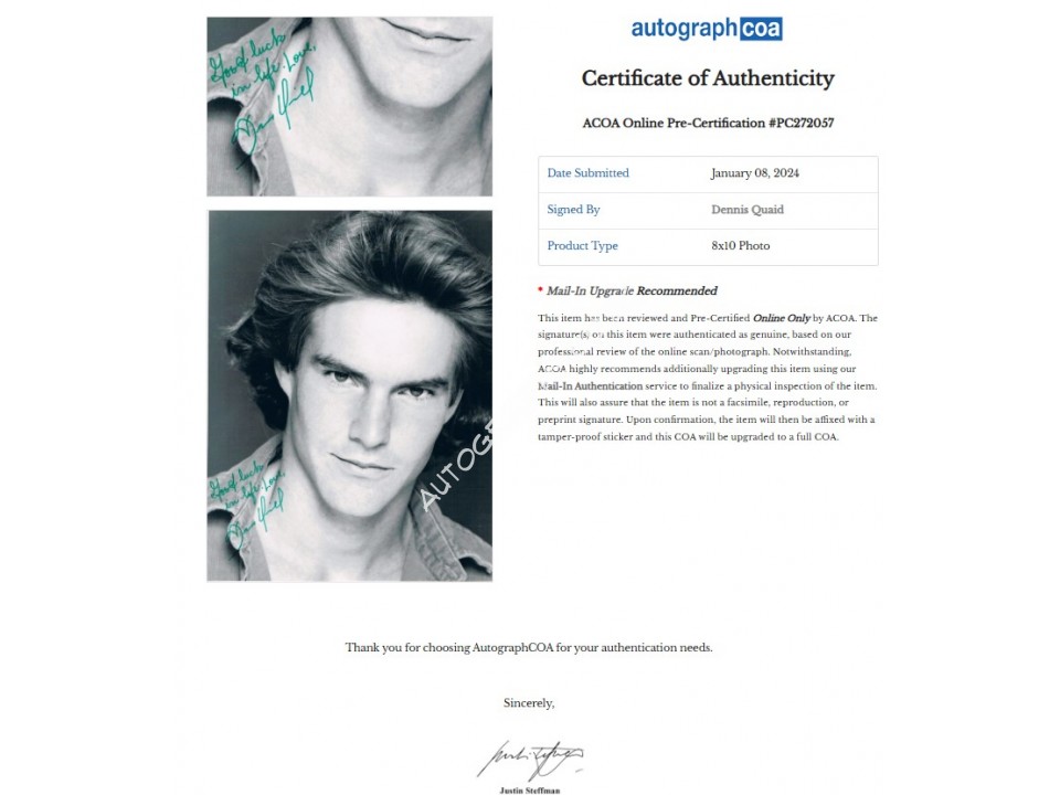 Dennis Quaid Signed Photograph Dennis Quaid Signed Photograph