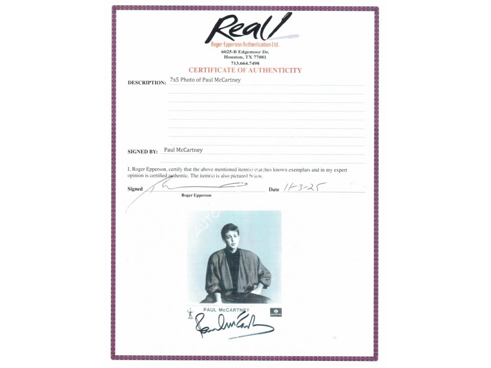 Paul McCartney Signed Promotional Photograph. Pre Certified ACOA