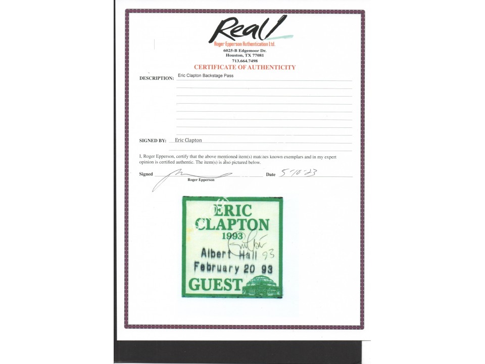 Eric Clapton authentic genuine signed autograph guest pass. COA UACC