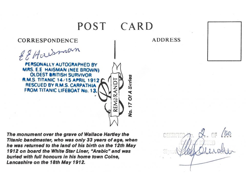 Edith Haisman Titanic Survivor Signed Memorial Postcard Edith Haisman Titanic Survivor Signed Memorial Postcard