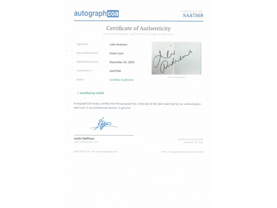 Julie Andrews Signed Album Page Julie Andrews Signed Album Page