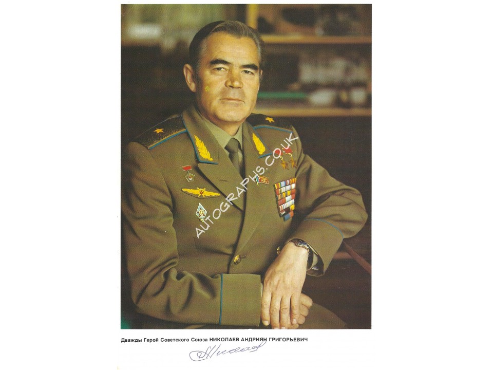 Andriyan Nikolayev Signed Vintage Russian Cosmonaut Portrait Information Card Andriyan Nikolayev Signed Vintage Russian Cosmonaut Portrait Information Card
