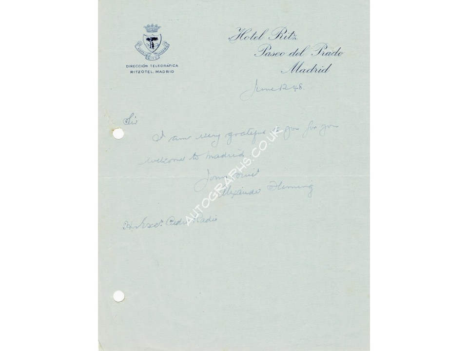 Alexander Fleming genuine authentic signed autograph signatures note. COA UACC Alexander Fleming genuine authentic signed autograph signatures note. COA UACC